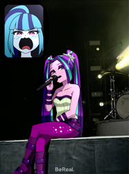 Size: 1411x1898 | Tagged: safe, artist:nekojackun, derpibooru import, aria blaze, sonata dusk, human, equestria girls, g4, 2d, bangs, bare shoulders, belt, bereal., blushing, boots, clothes, crossed legs, denim, drum kit, drums, duo, duo female, eyeshadow, female, jeans, lesbian, makeup, meme, microphone, musical instrument, open mouth, pants, pigtails, ponytail, screaming, screaming fan meme, ship:arisona, shipping, shirt, shoes, singing, sleeveless, strapless, twintails