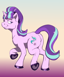 Size: 2236x2681 | Tagged: safe, artist:mcsplosion, derpibooru import, starlight glimmer, pony, unicorn, bipedal, female, gradient background, high res, horn, looking back, mare, raised hoof, raised leg, s5 starlight, smiling, smirk, solo