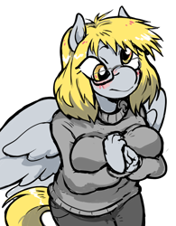 Size: 708x909 | Tagged: safe, artist:honkinghighblood, derpibooru import, derpy hooves, anthro, pegasus, g4, alternate hairstyle, big breasts, blush lines, blushing, breasts, clothes, derpy loaves, glasses, simple background, solo, sweater, sweater puppies, white background