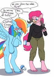 Size: 2480x3507 | Tagged: safe, artist:mcsplosion, derpibooru import, pinkie pie, rainbow dash, earth pony, human, pegasus, pony, g4, bipedal, blushing, breasts, dialogue, duo, female, grin, grope, high res, human to pony, potion, self grope, simple background, smiling, species swap, sweat, transformation, white background