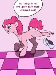 Size: 2160x2880 | Tagged: safe, artist:mcsplosion, derpibooru import, pinkie pie, earth pony, pony, g4, female, fourth wall, high res, human to pony, indoors, mare, open mouth, smiling, solo, species swap, speech bubble, transformation, transformation sequence, transgender transformation, undressing