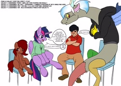 Size: 3507x2480 | Tagged: safe, artist:mcsplosion, derpibooru import, discord, eris, twilight sparkle, twilight sparkle (alicorn), oc, oc:acesential, oc:penny, alicorn, earth pony, human, pony, annoyed, chair, clothes, dialogue, fingers together, high res, human to draconequus, human to pony, ponid-21, post-transformation, rule 63, simple background, sitting, species swap, transformation, white background