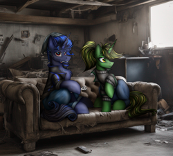 Size: 949x859 | Tagged: safe, artist:darklight1315, derpibooru import, oc, oc only, oc:dayline, oc:ponferada, cyborg, pony, unicorn, fallout equestria, after war, ai assisted background, beanie, chest fluff, cigarette, clothes, cyborg pony, denim, duo, ear fluff, ears, fallout equestria: mayday, female, friends, hat, horn, implants, indoors, jacket, jeans, leather, leather jacket, male, mare, pants, parent:oc:decline, parent:oc:ferpondo, parent:oc:mayday, parent:oc:nightingale, post-apocalyptic, red eyes, sitting, sitting on couch, sofa, stallion, sweater, wrench