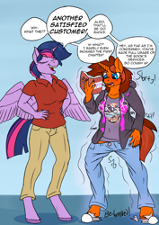 Size: 2480x3507 | Tagged: safe, artist:mcsplosion, derpibooru import, twilight sparkle, twilight sparkle (alicorn), oc, oc:acesential, oc:painterly flair, alicorn, anthro, unguligrade anthro, unicorn, book, dialogue, duo, extortion, female, high res, horn, human to anthro, shrinking, species swap, transformation