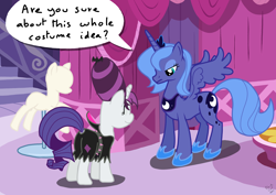 Size: 2338x1653 | Tagged: safe, artist:blackcat, derpibooru import, princess luna, rarity, alicorn, bat, pony, unicorn, g4, luna eclipsed, carousel boutique, clothes, costume, deleted scene, duo, duo female, female, horn, indoors, mannequin, mare, mlp fim's fourteenth anniversary, nightmare night, s1 luna, show accurate, speech bubble, spikes, text