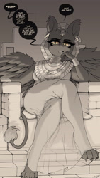 Size: 2160x3840 | Tagged: safe, artist:replica, derpibooru import, anthro, digitigrade anthro, sphinx, g4, breasts, busty sphinx, clothes, commission, crossed legs, dialogue, female, indoors, monochrome, narrowed eyes, see-through, sitting, solo, talking to viewer, the sphinx, thorn, underboob