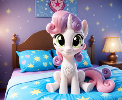 Size: 1872x1544 | Tagged: safe, ai content, derpibooru import, generator:stable diffusion, machine learning generated, sweetie belle, pony, unicorn, g4, 3d, anonymous prompter, bed, bedroom, cute, desk lamp, detailed hair, diasweetes, female, filly, foal, green eyes, hooves, horn, indoors, lamp, looking at you, on bed, pillow, sitting, sitting on bed, smiling, solo, white fur