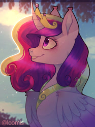 Size: 593x793 | Tagged: safe, artist:loomiiis, derpibooru import, princess cadance, alicorn, pony, g4, bust, jewelry, outdoors, regalia, signature, smiling, solo