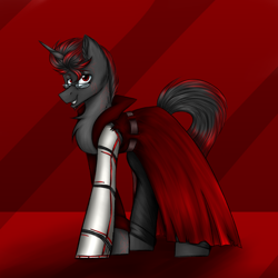 Size: 3000x3000 | Tagged: safe, artist:darklight1315, derpibooru import, oc, oc only, oc:deadline, oc:decline, cyborg, pony, unicorn, fallout equestria, amputee, augmented, clothes, coat, cyborg pony, fallout equestria: mayday, glasses, horn, implants, leather, leather pants, pants, prosthetic leg, prosthetic limb, prosthetics, red eyes, sideburns, smiling, solo