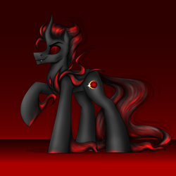 Size: 3000x3000 | Tagged: safe, artist:darklight1315, derpibooru import, pony of shadows, oc, oc only, oc:catharsis, fallout equestria, g4, curved horn, fallout equestria: mayday, fangs, gradient background, horn, long tail, male, raised hoof, raised leg, red background, red eyes, simple background, smiling, solo, stallion, tail