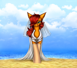 Size: 3403x3000 | Tagged: safe, artist:darklight1315, derpibooru import, oc, oc only, oc:dusty, oc:dusty crowle, earth pony, pony, fallout equestria, baltimare, black eyeshadow, celestial sea, chest fluff, clothes, cloud, dress, ear fluff, ears, eyeshadow, fallout equestria: mayday, female, green eyes, looking at you, makeup, mare, marriage, ocean, outdoors, pre-war, sand, smiling, smiling at you, solo, standing, stockings, thigh highs, veil, water, wedding, wedding dress, wedding veil, white stockings