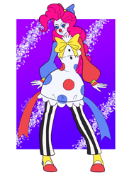 Size: 1030x1366 | Tagged: safe, artist:feralroku, derpibooru import, pinkie pie, human, g4, bow, clothes, clown, clown makeup, clown nose, costume, dressuptober, dressuptober2024, hair bow, halloween 2024, humanized, mlp fim's fourteenth anniversary, passepartout, red nose, smiling, solo