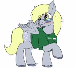 Size: 2680x2436 | Tagged: safe, artist:mcsplosion, derpibooru import, derpy hooves, pegasus, pony, g4, blushing, clothes, female, frown, glasses, high res, human to pony, mare, post-transformation, raised hoof, raised leg, shirt, simple background, species swap, t-shirt, transformation, white background