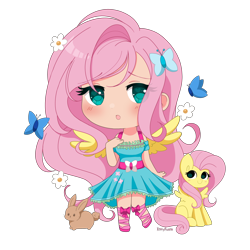 Size: 5000x5000 | Tagged: safe, artist:kittyrosie, derpibooru import, fluttershy, butterfly, human, pegasus, pony, rabbit, g4, animal, chibi, cute, humanized, kotobukiya, kotobukiya fluttershy, open mouth, shyabetes, simple background, solo, transparent background