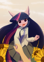 Size: 1200x1688 | Tagged: safe, artist:howxu, derpibooru import, twilight sparkle, anthro, g4, breasts, clothes, commission, cute, flower, looking at you, male, male pov, necktie, offscreen character, offscreen male, open mouth, open smile, outdoors, pov, school uniform, signature, smiling, sunflower, twiabetes