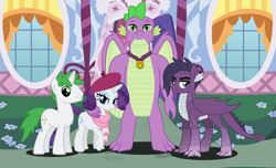 Size: 3064x1864 | Tagged: safe, artist:marbowsta, derpibooru import, rarity, spike, oc, oc:chrome steel, oc:zircon, dracony, dragon, hybrid, pony, unicorn, g4, adult, adult spike, base used, beret, carousel boutique, clothes, female, hat, horn, interspecies offspring, looking at you, male, offspring, older, older spike, outdoors, parent:rarity, parent:spike, parents:sparity, scarf, shipping, smiling, smiling at you, sparity, stallion, straight, winged spike, wings