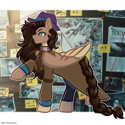 Size: 4134x4134 | Tagged: safe, artist:jjsh, derpibooru import, oc, oc only, oc:jennifer jones stars, pegasus, pony, birthmark, clothes, coat, detective, female, fluffy mane, hat, investigation, mare, newspaper, pigtails, raised hoof, raised leg, scar, solo, tail, wings