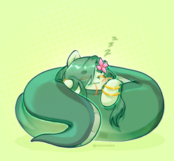 Size: 2154x1992 | Tagged: safe, artist:iamsmileo, derpibooru import, oc, oc only, oc:lamey, lamia, original species, snake, snake pony, bracelet, coils, eyes closed, female, flower, flower in hair, forked tongue, gold bracelet, hair over one eye, jewelry, long mane, mare, onomatopoeia, sleeping, snakepony, snoring, solo, tongue, tongue out