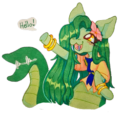 Size: 761x738 | Tagged: safe, artist:vampyrbats, derpibooru import, oc, oc only, oc:lamey, lamia, original species, snake, snake pony, big ears, bracelet, clothes, ears, fangs, female, gold bracelet, hair over one eye, jewelry, long mane, mare, necktie, silly, simple background, snakepony, solo, talking, text, traditional art, transparent background, waving