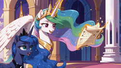 Size: 4416x2496 | Tagged: safe, ai content, derpibooru import, machine learning generated, princess celestia, princess luna, alicorn, pony, g4, duo, duo female, female, horn, indoors, jewelry, letter, levitation, looking at something, magic, mare, open mouth, open smile, prompter:bluetoothworld, royal sisters, siblings, sisters, smiling, telekinesis, wings