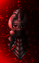 Size: 1654x2626 | Tagged: safe, artist:darklight1315, derpibooru import, pony of shadows, oc, oc only, oc:decline, oc:reaper, pony, unicorn, fallout equestria, g4, fallout equestria: mayday, horn, red eyes, respirator, shards, solo