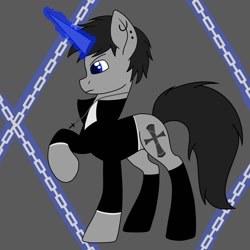 Size: 1500x1500 | Tagged: safe, artist:ruchiyoto, derpibooru import, oc, oc only, oc:black cross, pony, unicorn, boots, chains, clothes, ear piercing, horn, jewelry, magic, male, necklace, piercing, shoes, simple background, solo, stallion