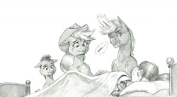 Size: 1500x825 | Tagged: safe, artist:baron engel, derpibooru import, apple bloom, applejack, oc, oc:stone mane (baron engel), earth pony, pony, unicorn, g4, apple sisters, bed, colt, female, filly, foal, horn, male, mare, monochrome, pencil drawing, siblings, sisters, stallion, story included, traditional art