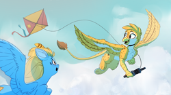 Size: 4545x2539 | Tagged: safe, artist:rexyseven, derpibooru import, oc, oc only, oc:beaky, oc:brave blossom, griffon, pegasus, pony, flying, kite, outdoors