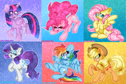 Size: 5994x3996 | Tagged: safe, artist:ladylullabystar, derpibooru import, applejack, fluttershy, pinkie pie, rainbow dash, rarity, twilight sparkle, twilight sparkle (alicorn), alicorn, pony, g4, mane six, raised hoof, raised leg, starry eyes, wingding eyes