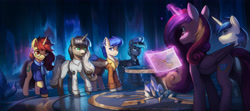 Size: 4866x2160 | Tagged: safe, artist:mrscroup, derpibooru import, princess cadance, shining armor, oc, oc:ardent kindheart, oc:midnight lancer, oc:obsidian limelight, oc:starlit beacon, alicorn, crystal pony, pegasus, unicorn, equestria at war mod, g4, clothes, female, horn, male, map, mare, stallion, uniform, wings