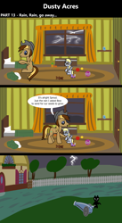 Size: 1920x3516 | Tagged: safe, artist:platinumdrop, derpibooru import, derpy hooves, oc, oc:dusty hooves, earth pony, pegasus, pony, comic:dusty acres, series:technoverse, g4, cannon, comforting, commission, crying, female, filly, foal, lightning, scared, smiling, speech bubble, storm, toy, younger