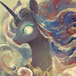 Size: 1024x1024 | Tagged: safe, ai content, derpibooru import, machine learning generated, black coat, chromatic aberration, ethereal mane, female, green eyes, looking down, mare, peytral, prompter:anonymous, solo, starry mane