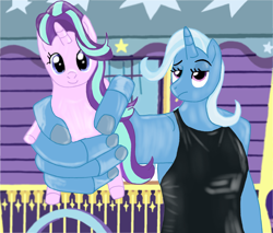 Size: 1584x1347 | Tagged: safe, artist:tiska, derpibooru import, starlight glimmer, trixie, anthro, pony, unicorn, g4, duo, duo female, female, holding a pony, horn, mare, trixie's wagon, wagon