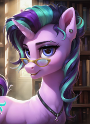 Size: 1024x1408 | Tagged: safe, ai content, derpibooru import, machine learning generated, starlight glimmer, pony, unicorn, g4, book, bookshelf, crepuscular rays, glasses, horn, indoors, prompter:ilham470, solo, window