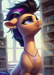 Size: 1024x1408 | Tagged: safe, ai content, derpibooru import, machine learning generated, pony, g4, book, bookshelf, chest fluff, crepuscular rays, female, indoors, prompter:ilham470, solo, window