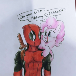 Size: 1080x1080 | Tagged: safe, artist:mirio_p2, derpibooru import, pinkie pie, g4, crossover, deadpool, marvel, open mouth, text, traditional art