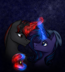 Size: 2601x2871 | Tagged: safe, artist:darklight1315, derpibooru import, oc, oc only, oc:decline, oc:mayday, pony, unicorn, fallout equestria, beanie, blue eyes, duo, engagement ring, fallout equestria: mayday, female, glowing, glowing horn, hat, horn, jewelry, magic, magic aura, male, mare, mare and stallion, marriage proposal, night, pre-war, red eyes, ring, stallion, starry night, stars