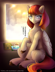 Size: 1672x2204 | Tagged: safe, artist:dshreker, derpibooru import, oc, oc only, pegasus, pony, chest fluff, cyrillic, female, glasses, indoors, japanese, looking at you, mare, russian, sitting, solo, unshorn fetlocks