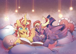 Size: 2048x1463 | Tagged: safe, artist:purranoiid, derpibooru import, sunset shimmer, twilight sparkle, twilight sparkle (alicorn), alicorn, pony, unicorn, g4, book, cloud, curved horn, duo, duo female, female, glasses, glowing, glowing horn, horn, lesbian, lying down, mare, open mouth, open smile, pillow, pince-nez, prone, reading, shipping, smiling, sunsetsparkle