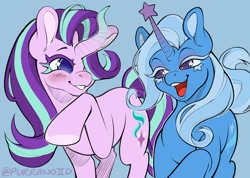 Size: 2048x1459 | Tagged: safe, artist:purranoiid, derpibooru import, starlight glimmer, trixie, pony, unicorn, blue background, blue eyelashes, blue pupils, colored eyelashes, colored hooves, colored pinnae, colored pupils, curved horn, duo, duo female, female, gradient eyelashes, gradient horn, grin, hair over one eye, hooves, horn, lesbian, looking at each other, looking at someone, mare, open mouth, open smile, purple eyelashes, purple pupils, raised hoof, raised leg, round ears, shipping, simple background, smiling, starry eyes, startrix, unusual horn, walking, wingding eyes