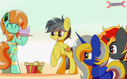 Size: 2000x1255 | Tagged: safe, artist:trackheadtherobopony, derpibooru import, oc, oc:goldheart, oc:hemi blaze, oc:thunder (fl), oc:trixie blaze, alicorn, pegasus, pony, robot, robot pony, birthday, cake, food, not daring do, present