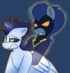 Size: 4128x4304 | Tagged: safe, artist:askhypnoswirl, derpibooru import, descent, soarin', pegasus, pony, g4, black sclera, clothes, commission, costume, duo, eye color change, gritted teeth, heterochromia, male, possessed, possession, shadowbolts, shadowbolts costume, stallion, teeth