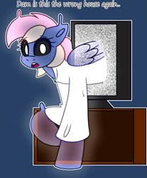 Size: 4325x5217 | Tagged: oc name needed, safe, artist:askhypnoswirl, derpibooru import, oc, oc only, ghost, ghost pony, pegasus, pony, undead, commission, dialogue, eye clipping through hair, female, looking at you, misspelling, pegasus oc, solo, television, vulgar