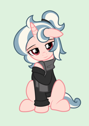 Size: 2480x3508 | Tagged: safe, artist:return 0, derpibooru import, oc, oc only, oc:vivi poff, pony, unicorn, clothes, ears, floppy ears, horn, lidded eyes, looking at you, scarf, show accurate, simple background, solo, sweater