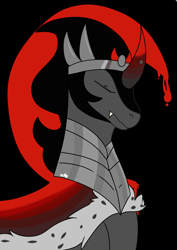 Size: 1240x1754 | Tagged: safe, artist:galactichooves, derpibooru import, king sombra, pony, unicorn, g4, artwork, black background, blood moon, bust, eyes closed, fanart, fangs, halfbody, horn, male, moon, no shading, nostrils, portrait, simple background, sketch, solo