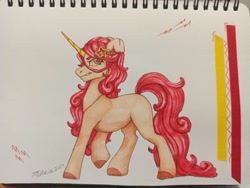 Size: 1280x961 | Tagged: safe, artist:jjsh, derpibooru import, oc, oc only, pony, unicorn, evil, female, horn, long tail, mare, marker drawing, sketchbook, solo, tail, traditional art