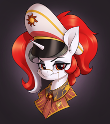 Size: 2125x2400 | Tagged: safe, artist:aquaticvibes, derpibooru import, oc, oc only, oc:red rocket, pony, unicorn, equestria at war mod, badge, clothes, collar, glasses, hat, horn, looking at you, necktie, peaked cap, ponytail, solo, unicorn oc