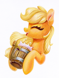 Size: 900x1200 | Tagged: safe, artist:maytee, derpibooru import, part of a set, applejack, earth pony, pony, g4, apple cider, cider, cider mug, colored pencil drawing, eyes closed, female, hatless, mare, missing accessory, mug, open mouth, open smile, simple background, smiling, solo, traditional art, white background