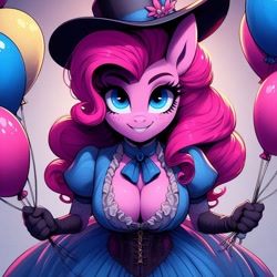 Size: 1024x1024 | Tagged: safe, ai content, derpibooru import, generator:bing image creator, generator:dall-e 3, machine learning generated, pinkie pie, anthro, g4, balloon, breasts, cleavage, clothes, corset, dress, female, freckles, gloves, hat, holding, looking at you, necktie, pinkie pies, prompter:glimmy-glam, puffy sleeves, saloon dress, saloon pinkie, smiling, solo, western