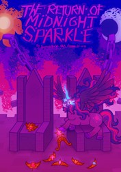 Size: 1280x1812 | Tagged: safe, artist:dapperlilarts, derpibooru import, midnight sparkle, twilight sparkle, twilight sparkle (alicorn), alicorn, fanfic:the return of midnight sparkle, g4, cover art, element of generosity, element of honesty, element of kindness, element of laughter, element of loyalty, element of magic, elements of harmony, fanfic, fanfic art, fanfic cover, female, glowing, glowing horn, horn, spread wings, text, throne, unshorn fetlocks, wings